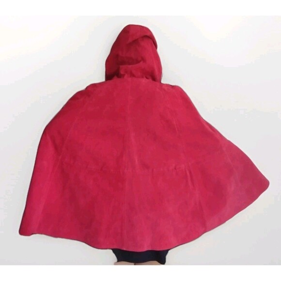 Red Suede Washable Full Zip Poncho / Cape W Pockets Drawstring & Hood One Size - Picture 6 of 15